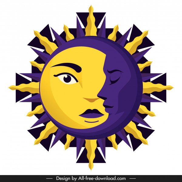 Sol Lua ícone estilizado faces amarelo violeta decoração