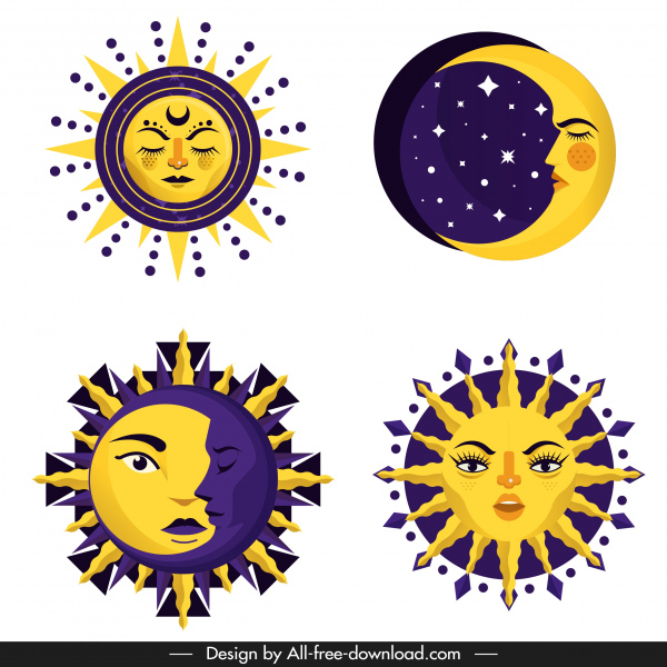 ícones da lua do sol estilizados esboço facial