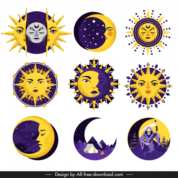 iconos de la luna del sol estilizado bosquejo legendario