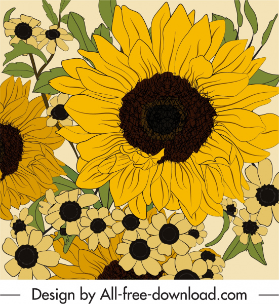 lukisan bunga matahari closeup desain digambar berwarna klasik