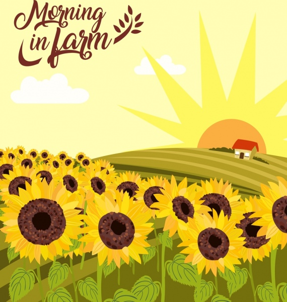 Sonnenblumen auf dem Bauernhof Zeichnung Hügel Sonne Symbole bunte Dekoration