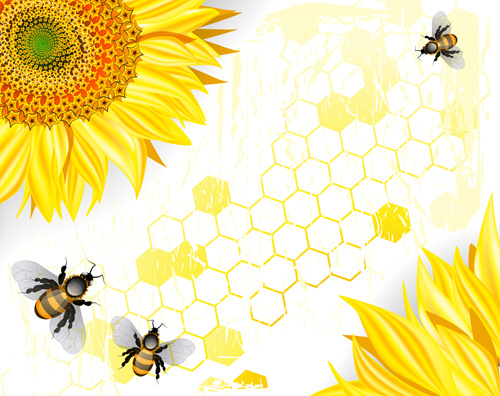 Girassóis com gráficos vetoriais de abelhas