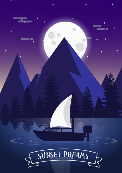 Закат рисования Лунная парус озеро иконы фиолетовый дизайн