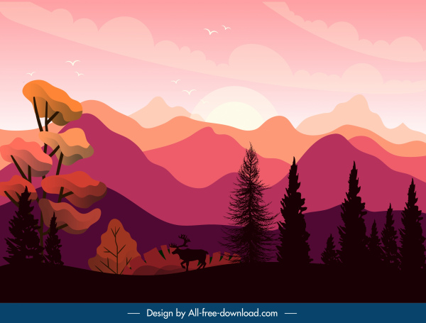 coucher de soleil paysage peinture sauvage montagne croquis sombre classique