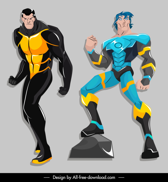 super-herói ícones coloridos personagens de desenho animado esboço
