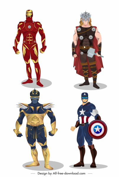 Значки супергероев Цветные мультяшные персонажи Эскиз