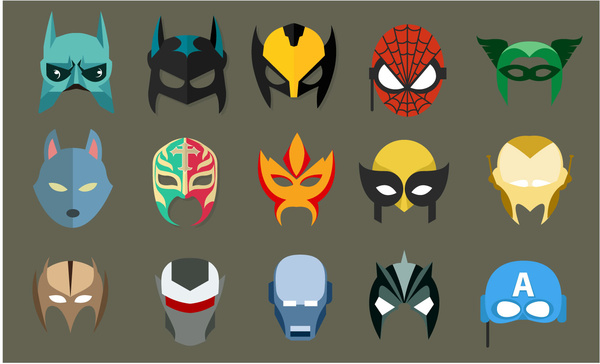 Super héroe máscaras vectoriales ilustración de estilo plano