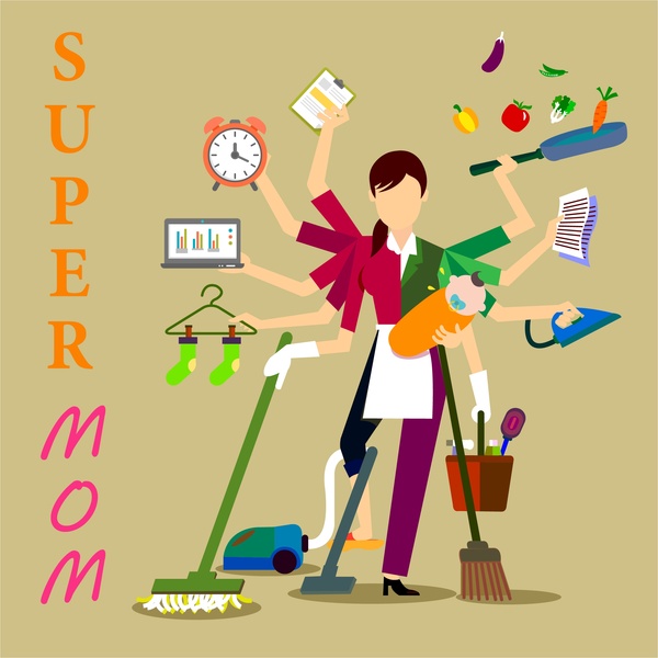ilustração do conceito super mãe com mulher e obras