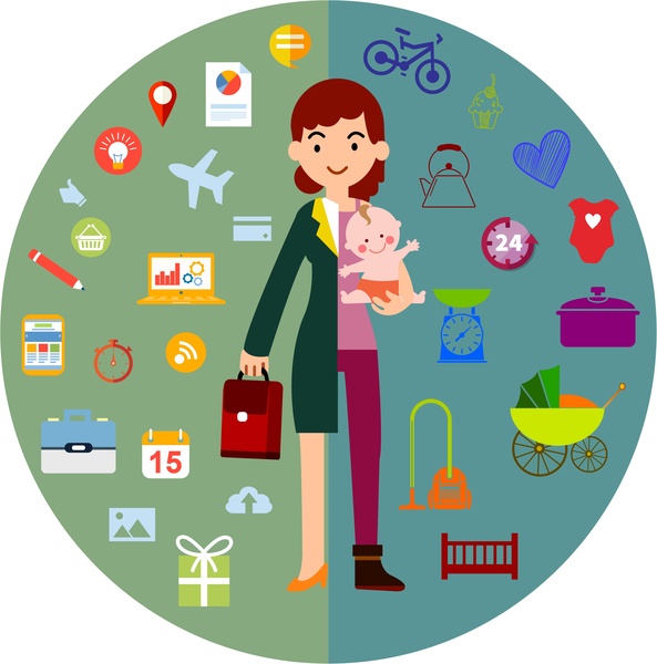 ilustração do conceito super mãe com vários ícones de trabalho