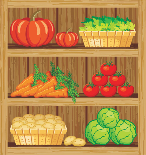 Supermarkt-Showcase und Lebensmittel-Vektor-set