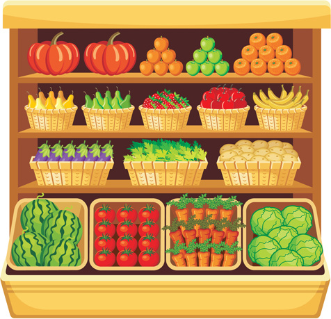 супермаркет Витрина и продовольствия Векторный набор