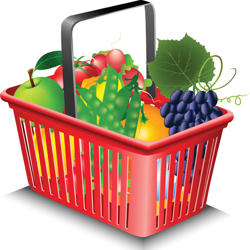 Supermärkte, Einkaufskorb mit Lebensmitteln Vektor