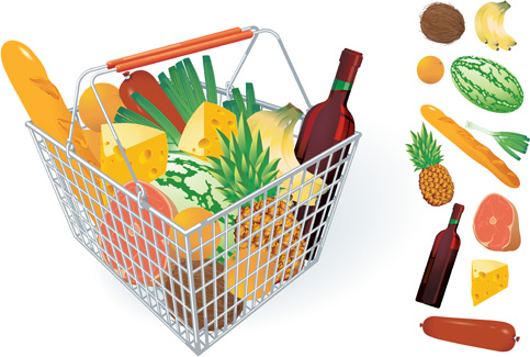 スーパー マーケットの食品ベクトルとショッピングカート