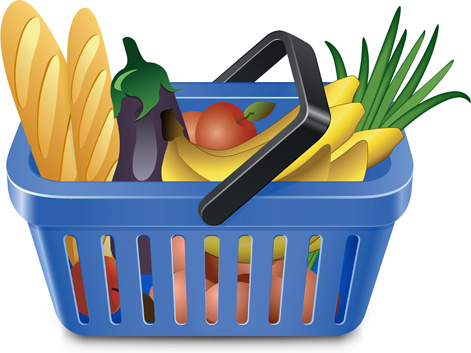 Supermärkte, Einkaufskorb mit Lebensmitteln Vektor