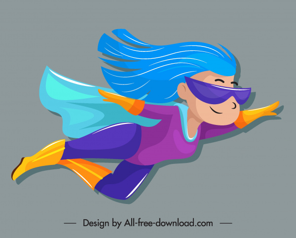 超女圖示可愛的卡通人物飛行素描