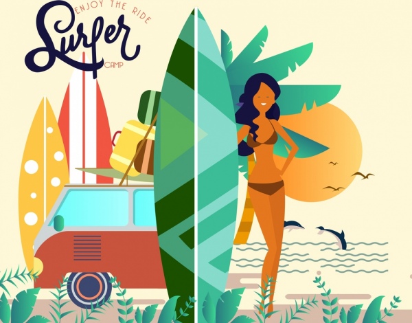 Bikini Chica surfer Camp publicidad mar escena iconos