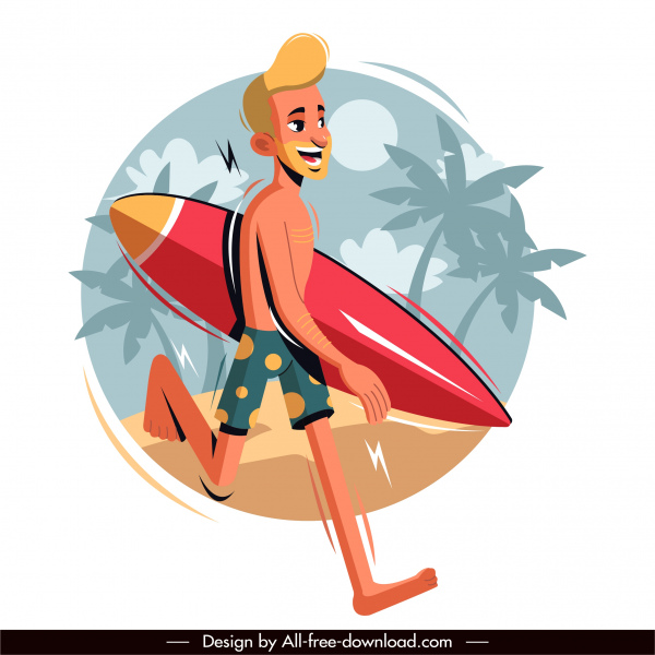 Croquis coloré de caractère de dessin animé d’icône d’surfeur