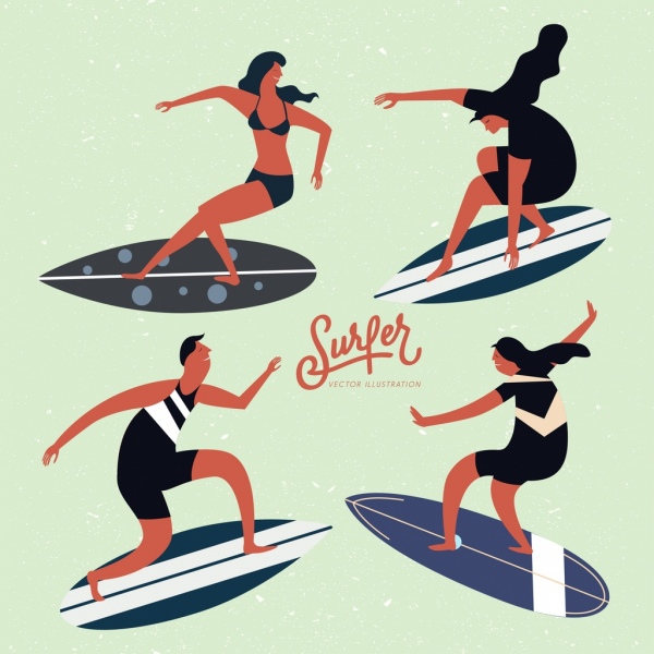 coleção de ícones de surfista colorido projeto dos desenhos animados
