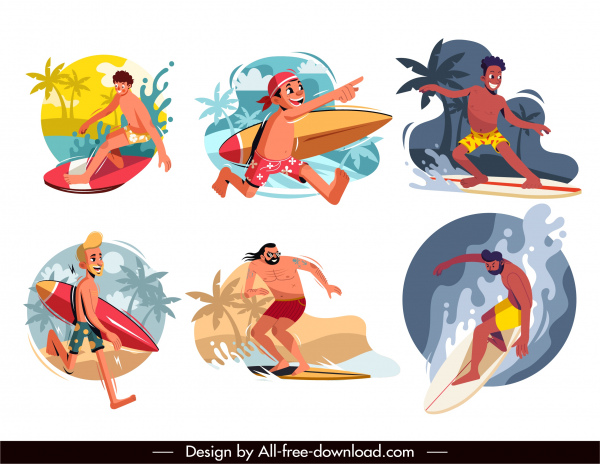 surfer icônes collection dessin animé coloré croquis dynamique
