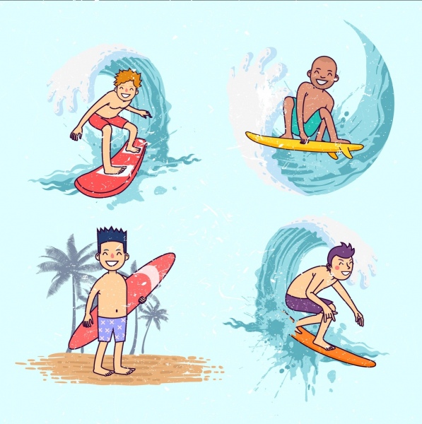 Surfer icons Collection chicos lindos personajes de dibujos animados