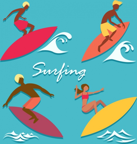 ícones de surfista colorido projeto dos desenhos animados