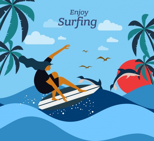 Surfista de olas del Mar Surf banner de publicidad diseño de dibujos animados