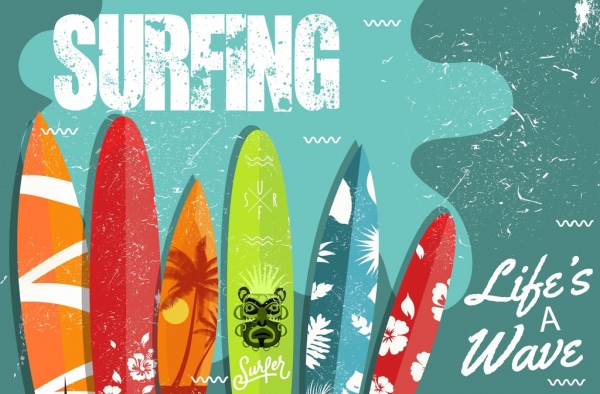 publicidade design retrô de ícones coloridos de prancha de surf