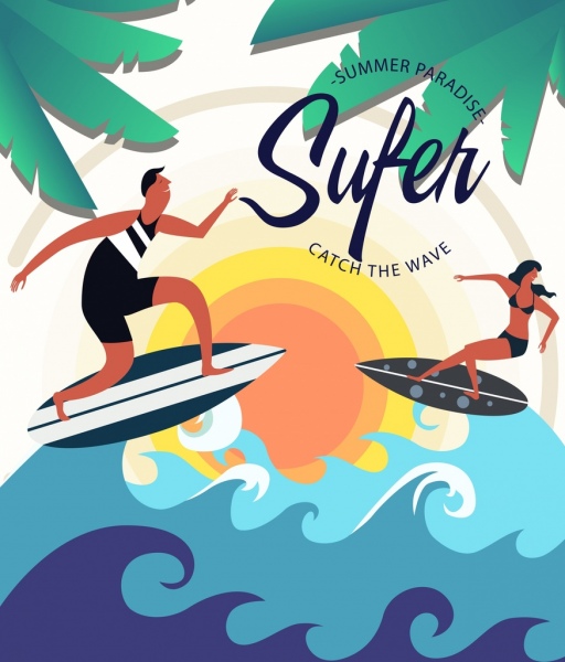 Surf Club Werbung Surfer Wellen Kokosnuss Symbole