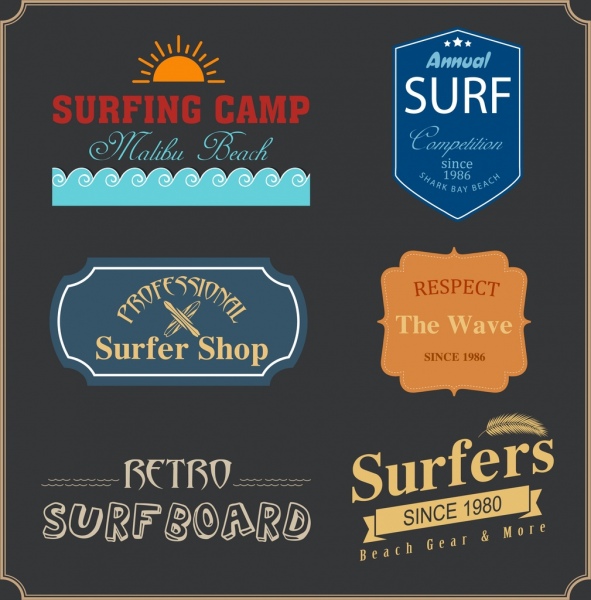 sörf tasarım öğeleri klasik logo metin çerçeveleri dekor