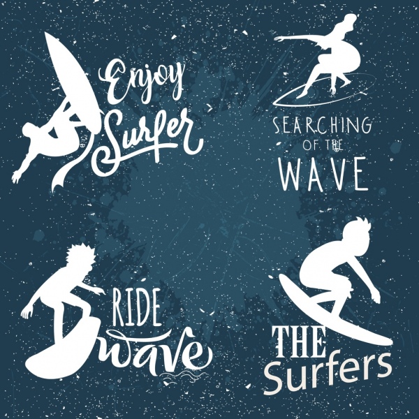 Surf design retro de logotipos silhueta branca