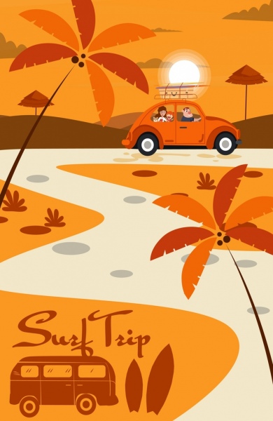 ícones de paisagem ao ar livre de carro da família de pintura viagem de surf