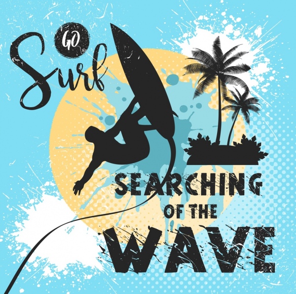 Vacaciones de Surf banner Surfer icono silueta grunge diseño
