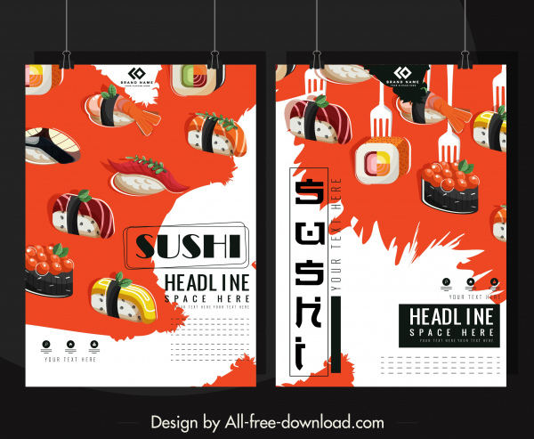banners publicitarios de sushi coloridos iconos de comida decoración