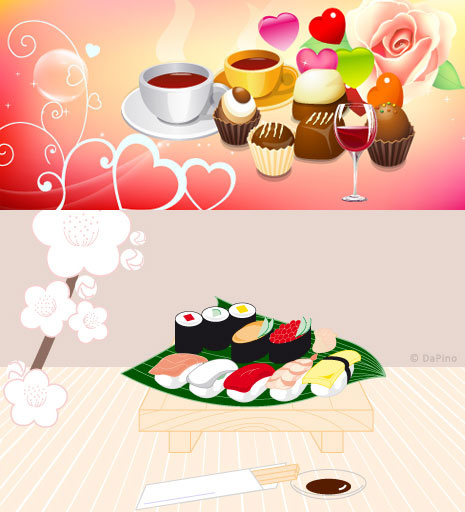 sushi dan kopi kue desain vektor