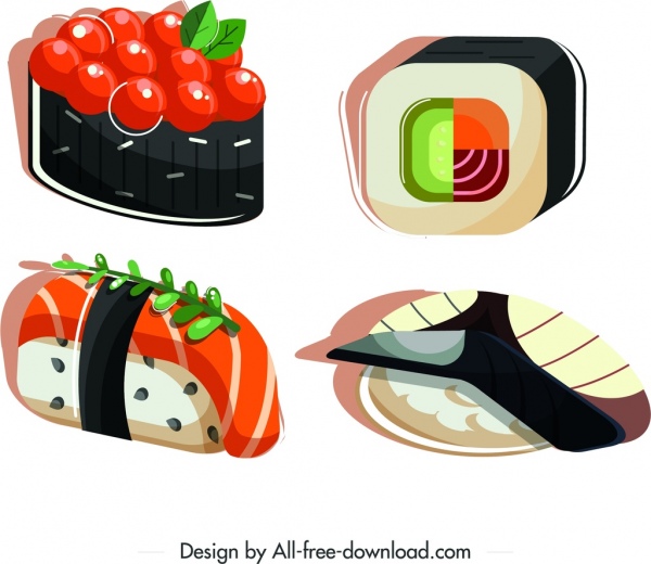sushi cozinhas ícones coloridos 3D esboço