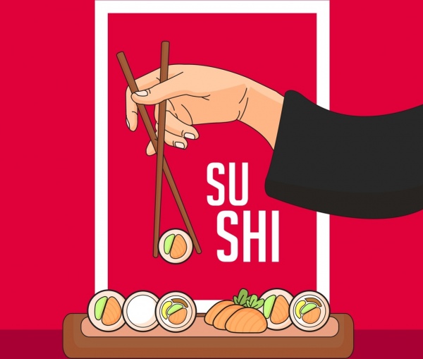 Icone a mano le bacchette sushi cibo pubblicità design orientale