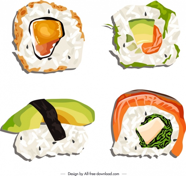 Sushi Icônes de nourriture croquis classique de couleur vive