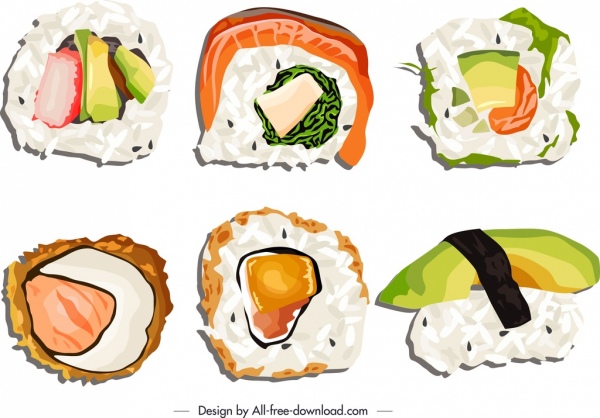 ícones de comida de sushi esboço plano colorido brilhante