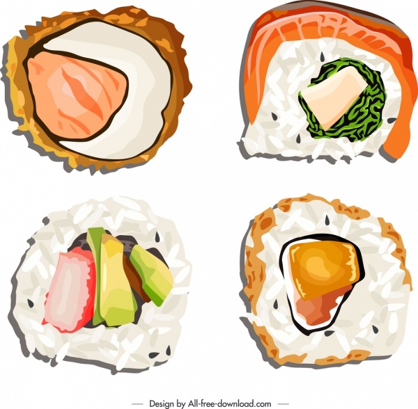 Template ikon makanan sushi berwarna-warni klasik flat sketch