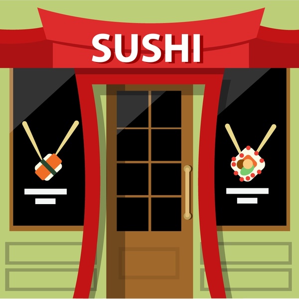 disegno di facciata del ristorante di sushi con stile colorato