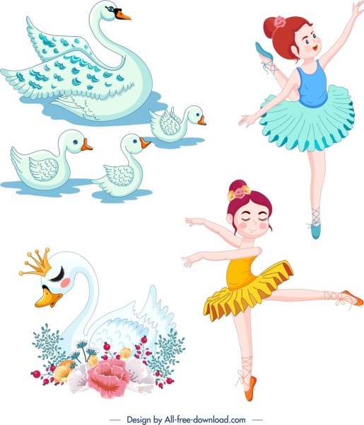 Swan Ballet elementi di design simpatici personaggi dei cartoni animati