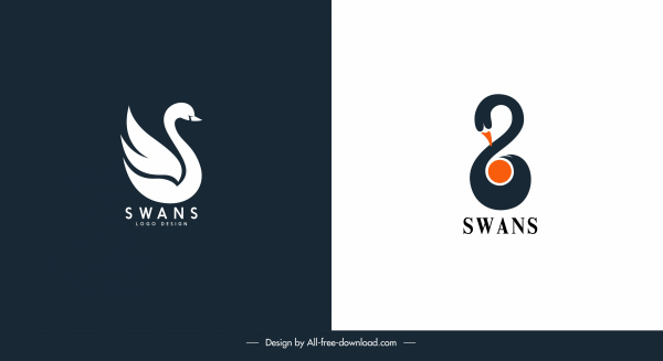 logotipos de cisnes plano oscuro brillante boceto