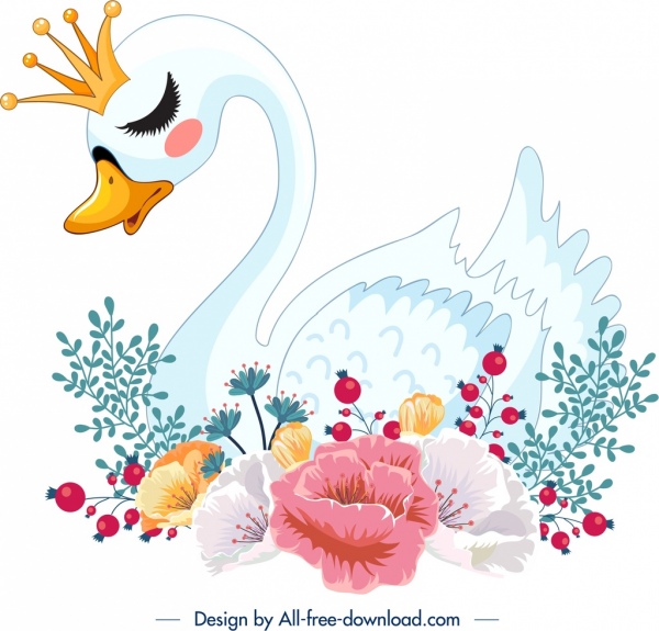pintura do cisne colorido clássico esboço flores ornamento