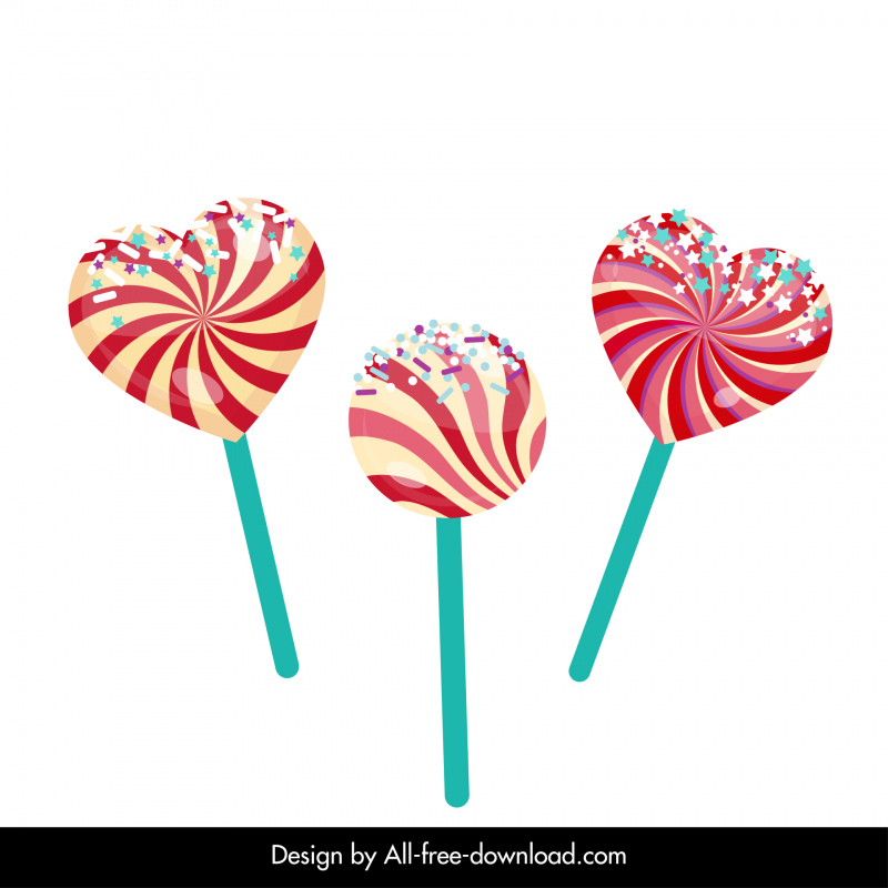 tatlı şekerler simgeleri parlak çizgili yuvarlak kalp şekilleri taslağı