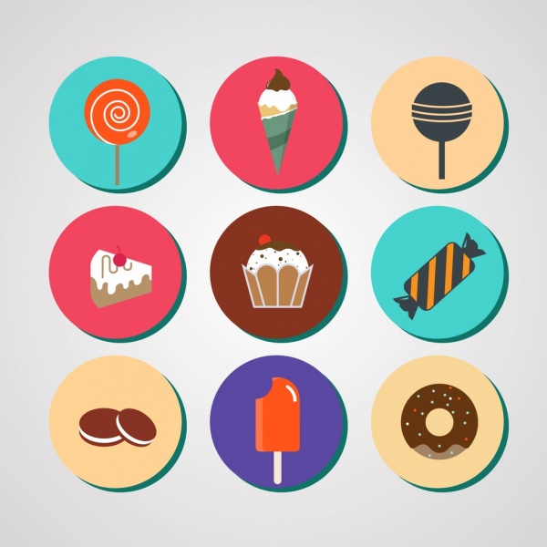 Conjuntos de colores planos alimentos dulces iconos símbolos aislamiento