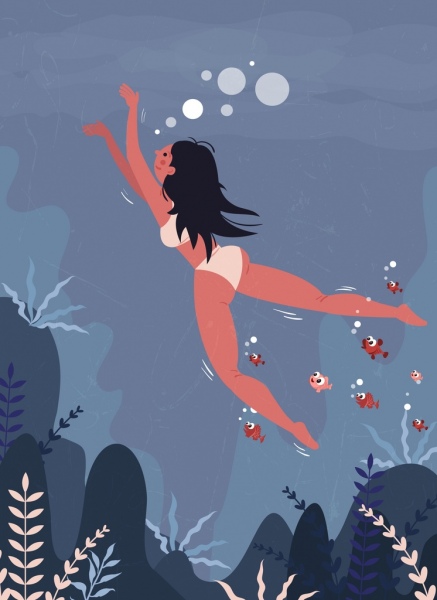 Schwimmen Hintergrund Bikini Frau Fisch Symbole farbige cartoon