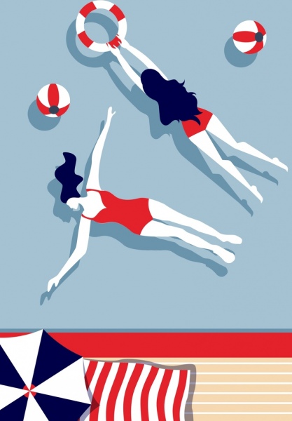 ไอคอนพื้นหลังบิกินี่ผู้หญิงว่ายน้ำสีออกแบบการ์ตูน