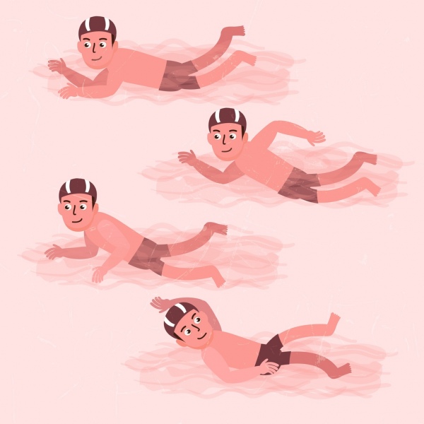 des personnages masculins natation contexte icônes colorées
