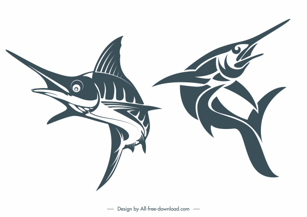 Schwertfisch-Symbole klassische handgezeichnete Skizze Bewegung Design