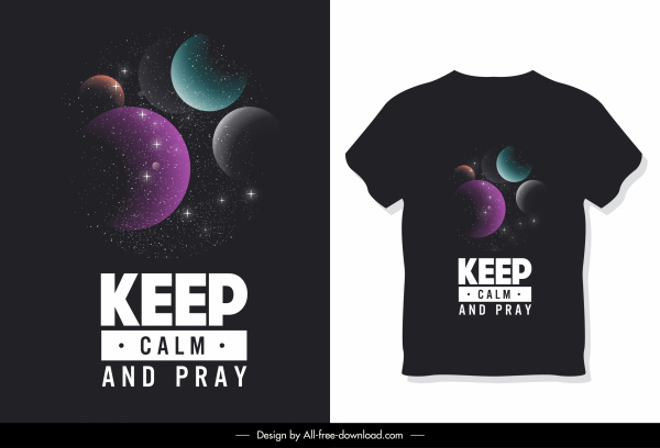 plantilla de camiseta oscura colorida decoración de planetas modernos